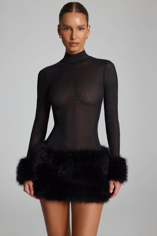 Faux Fur-Trim Turtleneck Mini Dress in Black