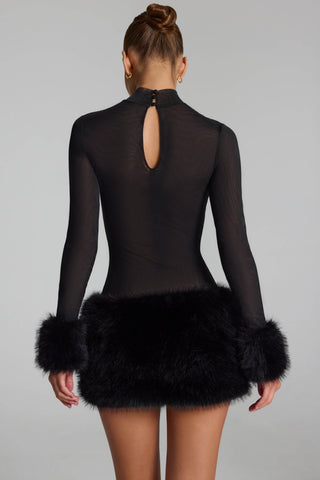 Faux Fur-Trim Turtleneck Mini Dress in Black