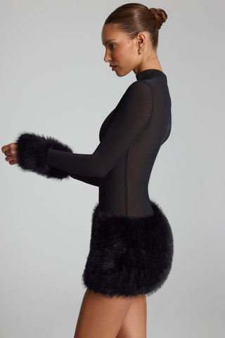 Faux Fur-Trim Turtleneck Mini Dress in Black