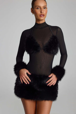 Faux Fur-Trim Turtleneck Mini Dress in Black