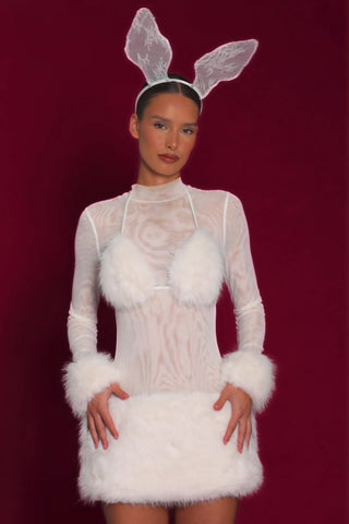 Faux Fur-Trim Turtleneck Mini Dress in White