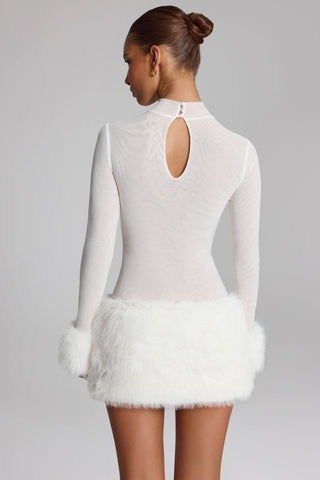 Faux Fur-Trim Turtleneck Mini Dress in White