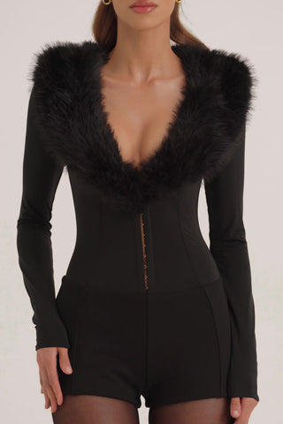 Faux Fur-Trim Playsuit in Black