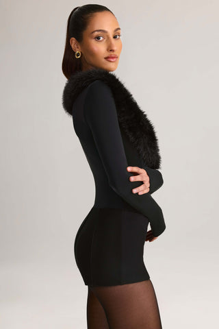 Faux Fur-Trim Playsuit in Black