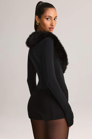 Faux Fur-Trim Playsuit in Black