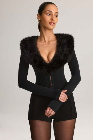 Faux Fur-Trim Playsuit in Black