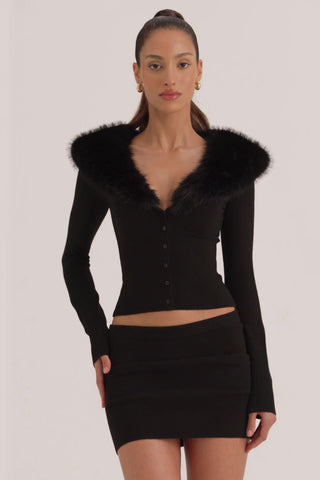 Knit Faux Fur-Trim Cardigan in Black