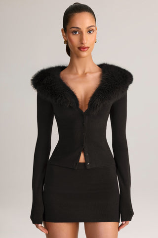 Knit Faux Fur-Trim Cardigan in Black