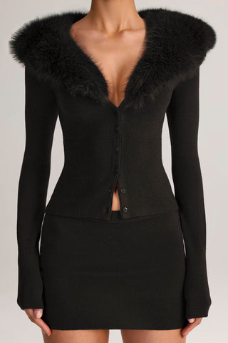 Knit Faux Fur-Trim Cardigan in Black