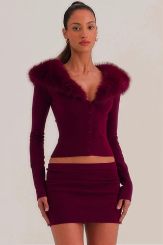 Knit Faux Fur-Trim Cardigan in Wine