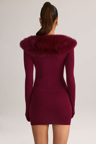 Knit Faux Fur-Trim Cardigan in Wine