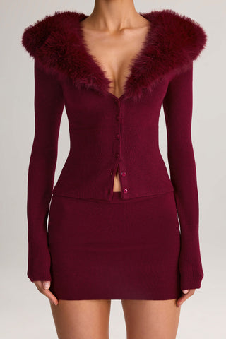 Knit Faux Fur-Trim Cardigan in Wine