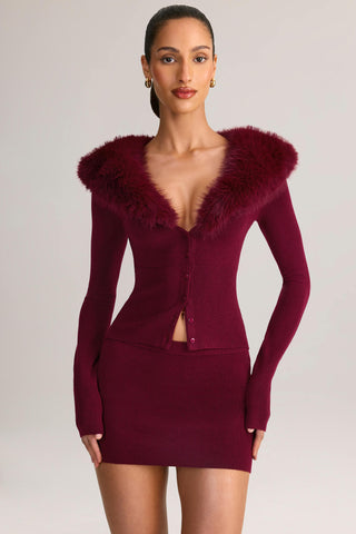 Knit Faux Fur-Trim Cardigan in Wine