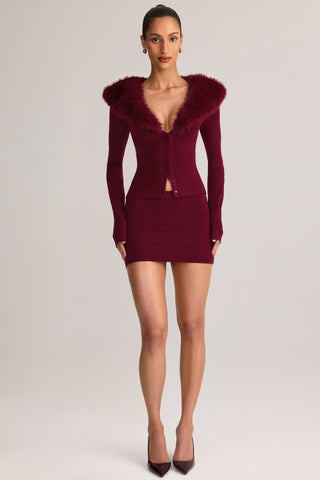 Knit Faux Fur-Trim Cardigan in Wine