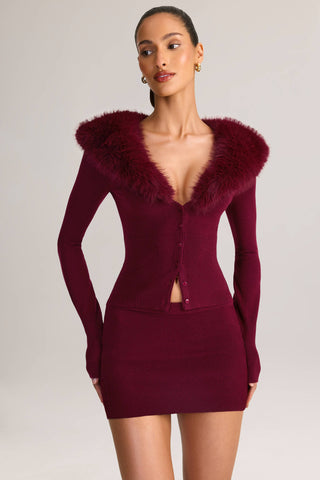 Knit Faux Fur-Trim Cardigan in Wine