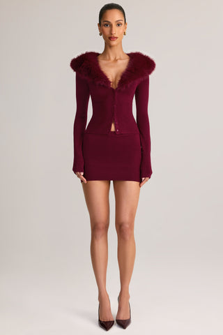 Knit Faux Fur-Trim Cardigan in Wine