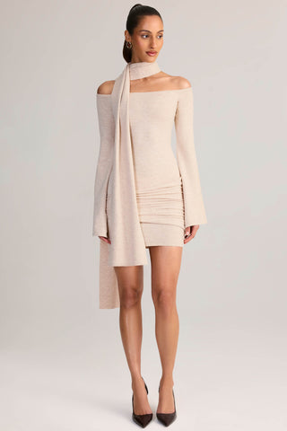 Knit Scarf-Detail Off-Shoulder Mini Dress in Cream