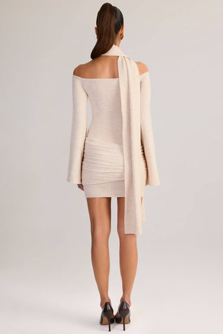 Knit Scarf-Detail Off-Shoulder Mini Dress in Cream