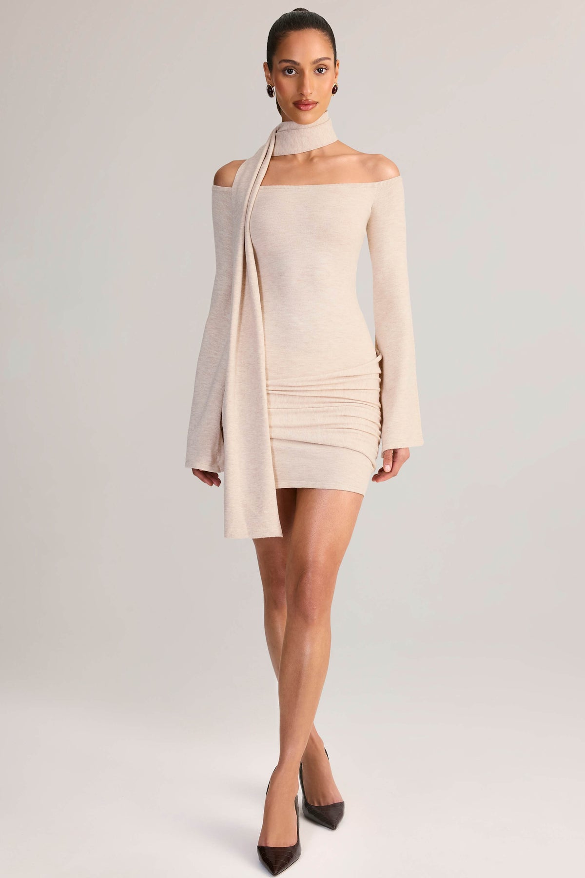 Knit Scarf-Detail Off-Shoulder Mini Dress in Cream