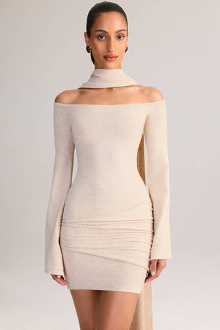 Knit Scarf-Detail Off-Shoulder Mini Dress in Cream