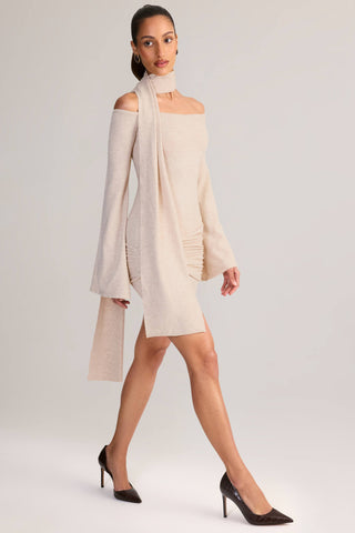 Knit Scarf-Detail Off-Shoulder Mini Dress in Cream