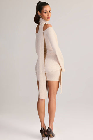 Knit Scarf-Detail Off-Shoulder Mini Dress in Cream