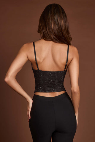 Embellished Peekaboo Cowl-Neck Top in Black