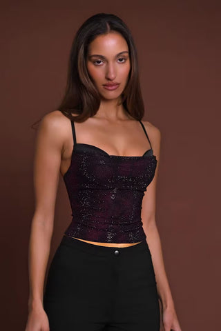Embellished Peekaboo Cowl-Neck Top in Purple Snake
