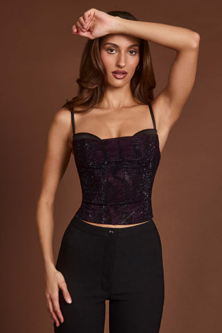 Embellished Peekaboo Cowl-Neck Top in Purple Snake