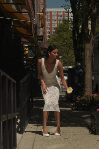 Lace Plunge Bodysuit Midaxi Dress in White