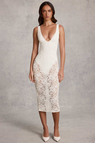 Lace Plunge Bodysuit Midaxi Dress in White