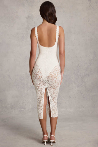 Lace Plunge Bodysuit Midaxi Dress in White