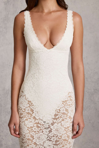 Lace Plunge Bodysuit Midaxi Dress in White