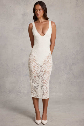 Lace Plunge Bodysuit Midaxi Dress in White