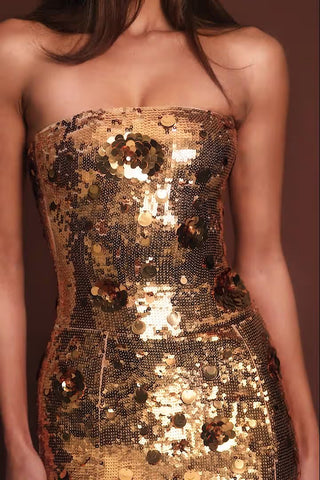 3D Embellished Bandeau Maxi Dress in Gold