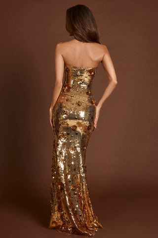 3D Embellished Bandeau Maxi Dress in Gold
