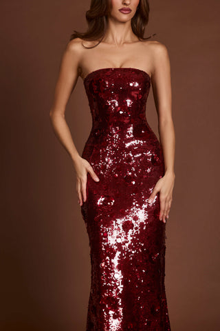 3D Embellished Bandeau Maxi Dress in Red