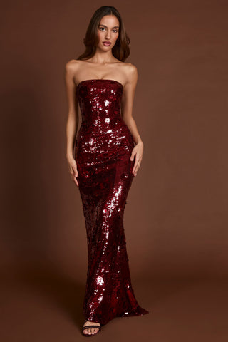 3D Embellished Bandeau Maxi Dress in Red