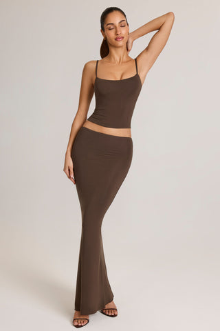 Modal Mid-Rise Fishtail Maxi Skirt in Chocolate Brown