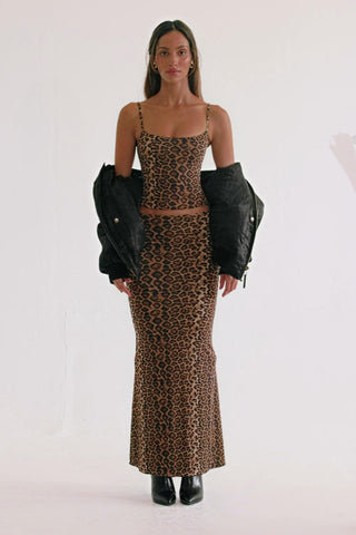 Modal Mid-Rise Fishtail Maxi Skirt in Leopard Print
