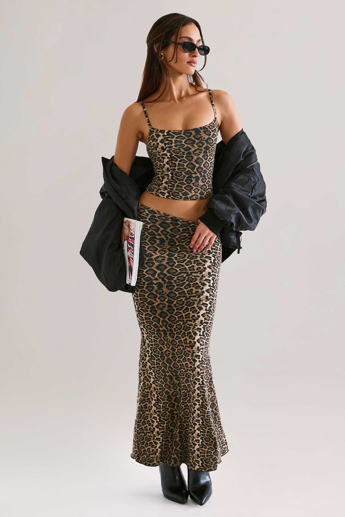 Modal Mid-Rise Fishtail Maxi Skirt in Leopard Print
