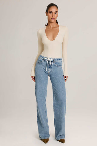 Drawstring Straight-Leg Jeans in Light Wash