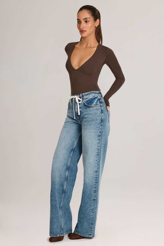Drawstring Straight-Leg Jeans in Mid Wash