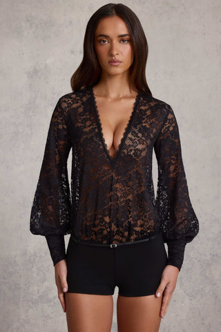 Plunge-Neck Lace Playsuit in Black