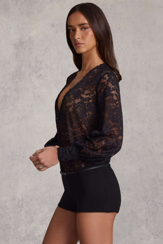 Plunge-Neck Lace Playsuit in Black