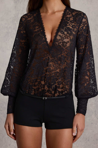 Plunge-Neck Lace Playsuit in Black