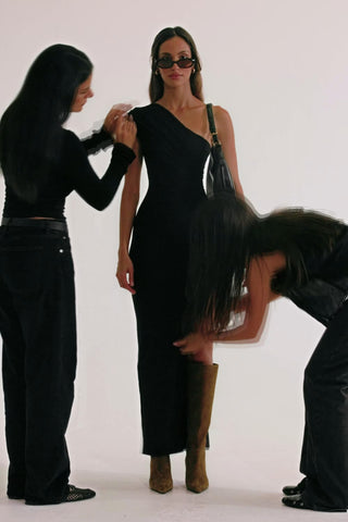 Modal Asymmetric Ruched Maxi Dress in Black