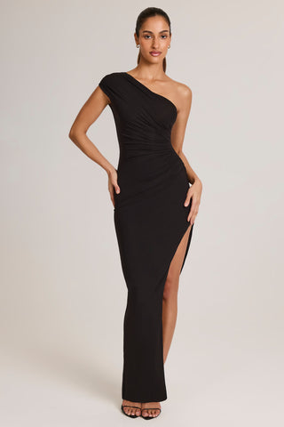 Modal Asymmetric Ruched Maxi Dress in Black