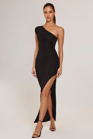 Modal Asymmetric Ruched Maxi Dress in Black