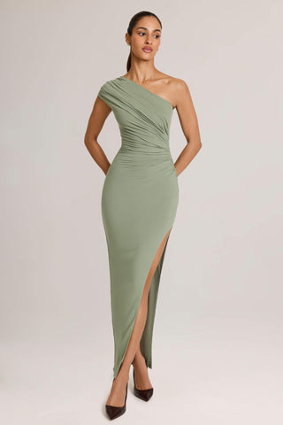 Modal Asymmetric Ruched Maxi Dress  in Sage Green